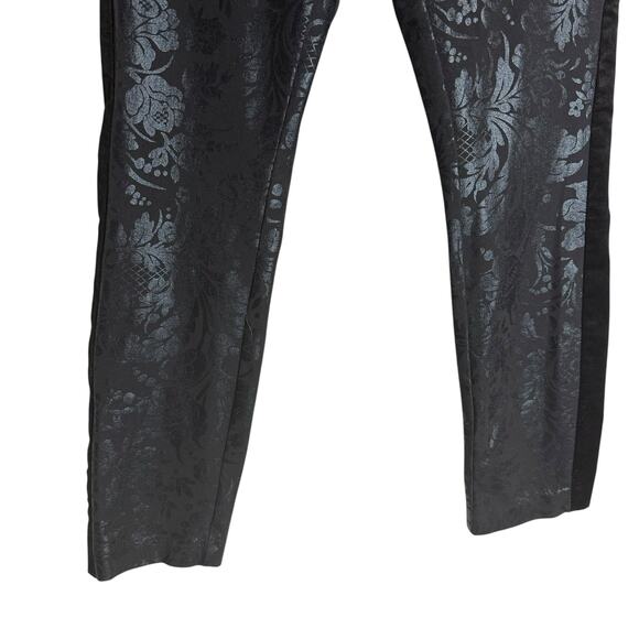 Anthropologie Essential Skinny Black Floral Brocade Velvet Tuxedo Stripe Pants - Picture 3 of 10
